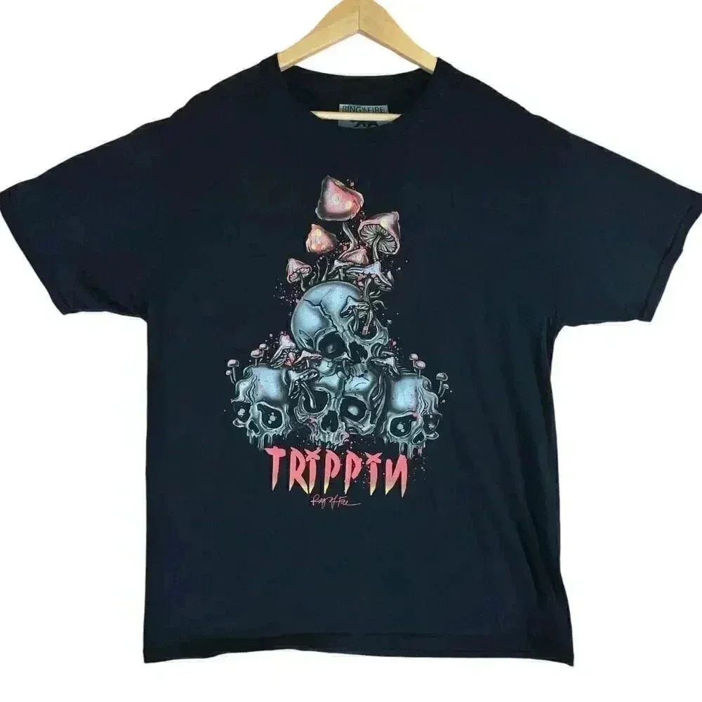 Ring of Fire Unisex Skull Shroom Trippin Short Sleeve Cotton‎ Graphic Tee Large